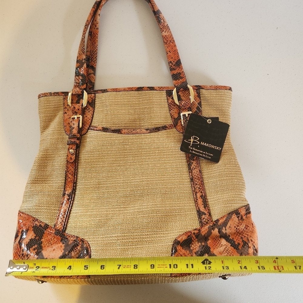 B Makowsky Leather Snake Large Shoulder Mansfield Tote Handbag Woven Purse New - Picture 8 of 10